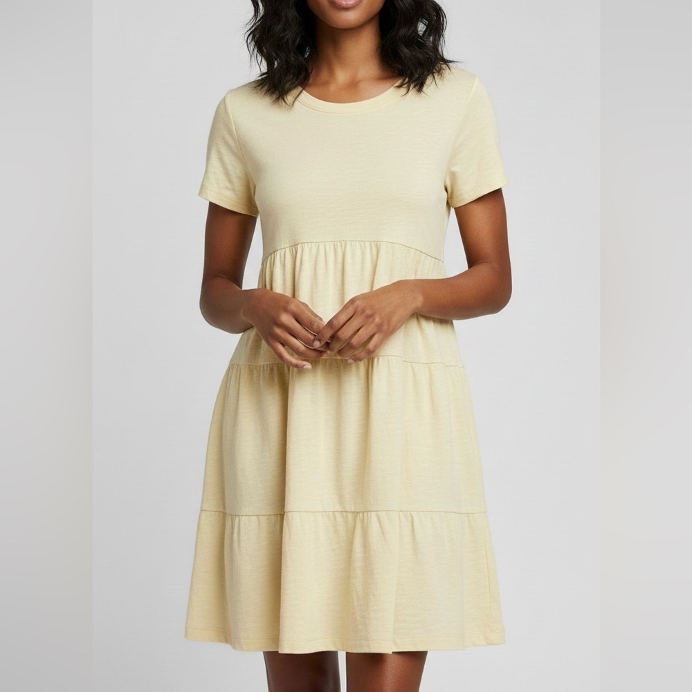 Wilt Short Sleeve Tiered Trapeze Dress in Pale Yellow 100% Cotton Sz. Medium